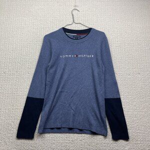 Tommy Hilfiger Shirt Blue Striped Long Sleeve Spell out logo Women Sz L Preppy